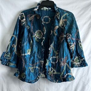 AGORA Crinkle Pleated Jacket Size Small Applique Embroidered Blazer Cottage Core